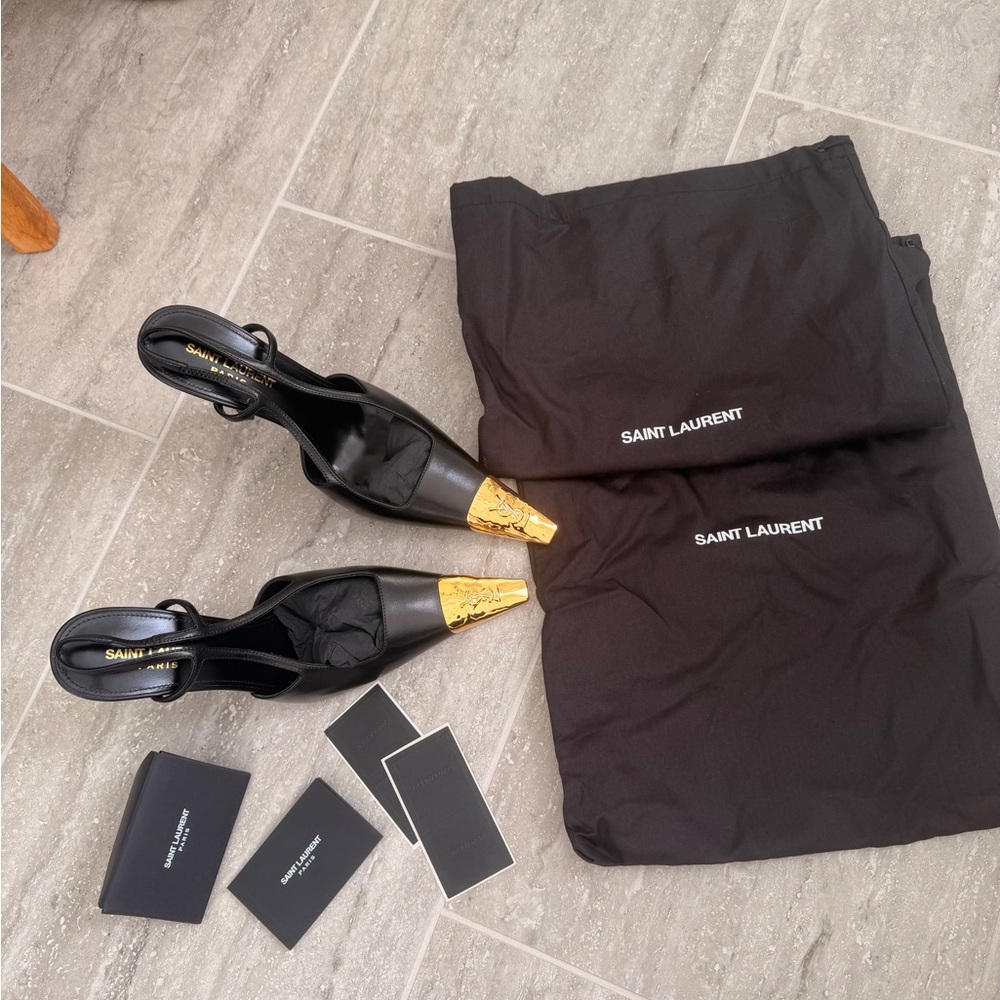Brand New Saint Laurent Jeanne Black Slingback Heels with Gold Toe Accent - Picture 14 of 15